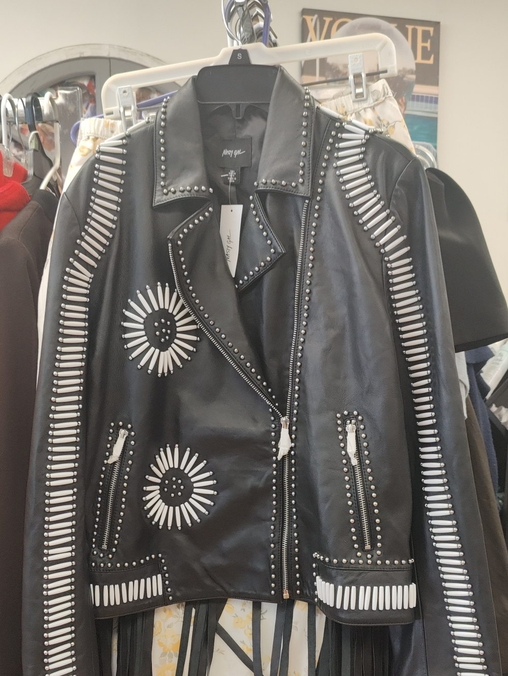 Nasty Gal Geunine Black Leather Moto Jacket with White Stud Sunburst Details